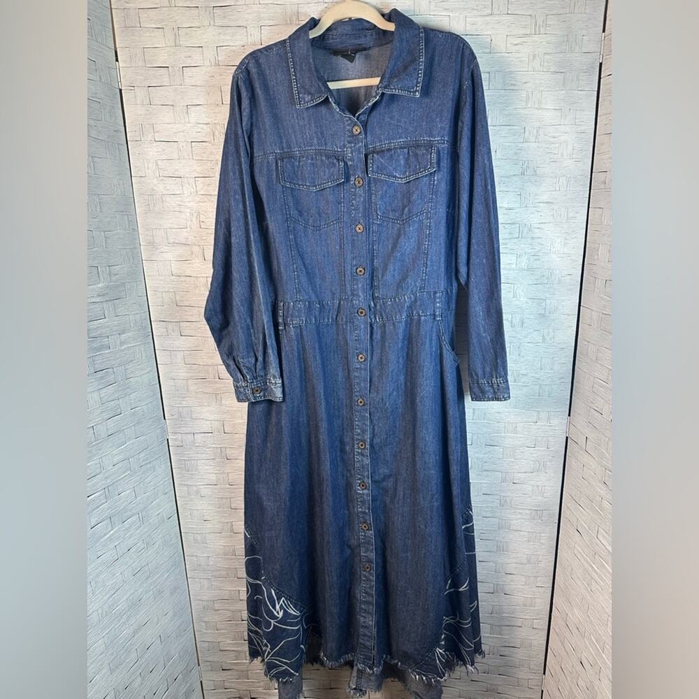 Ashley Stewart Full length Button Down Denim Dress long sleeve raw hem plus size